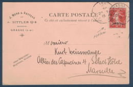 TIMBRE SEMEUSE N° 138 PERFORÉ AS Sur CARTE POSTALE ENTETE A. SITTLER CAD GRASSE ALPES MARITIMES 1913 PERFIN - Storia Postale