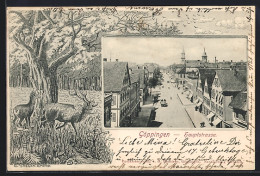 Lithographie Göppingen, Hauptstrasse Mit Passanten, Hirsch Und Reh Am Baum, Passepartout  - Goeppingen