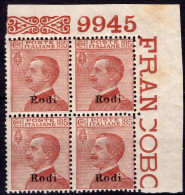 EGEO RODI FRANCOBOLLI D'ITALIA SOPRASTAMPATI C.40 SASS 6 IN QUARTINA MNH** NUOVA CON GOMMA INTEGRA ORIGINALE OTTIMA CENT - Egée