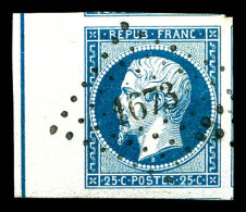 N°10b, 25c Bleu Bord De Feuille Avec Filet D'encadrement Oblitéré PC 1673 (Laval) Avec 4 Voisins, SU - 1852 Louis-Napoleon