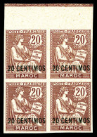 N°13a, 20c Sur 20c Brun-lilas, Bloc De Quatre Non Dentelé, Haut De Feuille. SUP (certificats)  Quali - Unused Stamps
