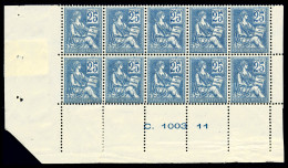 N°114, 25c Bleu Type I En Bloc De 10 Exemplaires Bas De Feuille Avec Numéro, Très Bon Centrage, R.R. - 1900-02 Mouchon