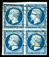 N°10, 25c Bleu En Bloc De Quatre Oblitéré GRILLE SANS FIN, Oblitération Rare Sur Ce Timbre Et Encore - 1852 Luigi-Napoleone