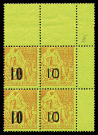 N°4A Et 4F, 10 Sur 20c Brique Sur Vert: 2 Paires Types II Et VII Se Tenant En Bloc De Quatre Coin De - Unused Stamps