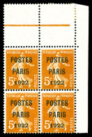 N°30, Semeuse 5c Orange Surchargé 'POSTE PARIS 1922', Bloc De Quatre Coin De Feuille Avec Liseret, F - 1893-1947