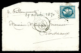 LE COLONEL CHARRAS', 20c Lauré Obl étoile + Càd Du 29 Oct 1870 Pour BORDEAUX, Au Verso Càd Bleu 'PRE - War 1870