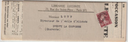 1937 ENV. - 15c SEMEUSE PREOBLITERE ! / IMPRIME SOUS BANDE (LIBRAIRIE LECONTE) De PARIS => BREUTY LA COURONNE (CHARENTE) - 1893-1947