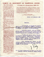 Lettre Courrier Du 18 Février 1938 De Jean FABRY Sénateur Du Doubs COMITÉ Du MONUMENT Au Maréchal JOFFRE - Documentos