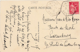 37725# PAIX CARTE POSTALE MARKSTEIN TARIF SPECIAL 1er Juin 1928 Obl LINTHAL HAUT RHIN 1937 Pour LUXEMBOURG - Cartas & Documentos