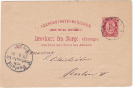 NORGE - NORVEGIA - CARTOLINA  POSTALE - VIAGGIATA PER BERLIN - GERMANIA - 1892 - Postwaardestukken