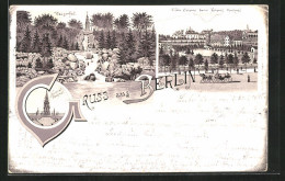 Vorläufer-Lithographie Berlin-Kreuzberg, 1895, Villen Colonie Beim National-Denkmal, Wasserfall  - Kreuzberg