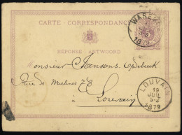 BELGIQUE - 1879 - CP (moitié Réponse - Antwoord) 5c Lion Couché De WAREMES à LOUVAIN - Antwoord-betaald Briefkaarten
