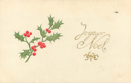 Carte Gaufrée - Joyeux Noel - Branche De Houx Panier  - Fleurs   J 62 - Autres & Non Classés