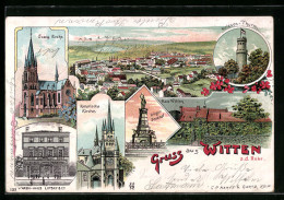Lithographie Witten A. D. Ruhr, Warenhaus Lipsky & Co., Kriegerdenkmal, Helenen-Turm  - Witten