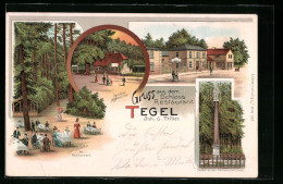 Lithographie Berlin-Tegel, Schloss-Restaurant Von G. Triller, Denkmal Der Familie Humbold  - Tegel