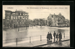 AK Coburg, Überschwemmter Bahnhofsplatz Im Hochwasser 1909, Mit Passanten Und Hotel Reichsgraf  - Overstromingen