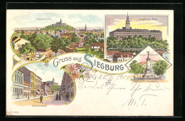 Lithographie Siegburg, Siegburger Berg, Krieger-Denkmal, Kaiserstrasse  - Siegburg