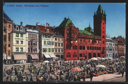 AK Basel, Marktplatz Mit Rathaus Und Kaffeerösterei F. Riggenbach  - Bâle