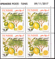 2017-Tunisie-Espèces D'Agrumes -Citron Eureka -bloc 4 Coin Daté Correctement Au Coin Sup. Droite (une Rareté) - MNH***** - Tunesien (1956-...)