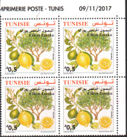 2017-Tunisie-Espèces D'Agrumes -Citron Eureka -bloc 4 Coin Daté Correctement Au Coin Sup. Droite (une Rareté) - MNH***** - Landwirtschaft