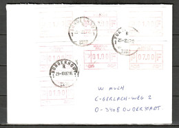Belgien, MiNr. ATM 3 (7x), 4x BELGIË/BELGIQUE - 3x BELGIQUE/BELGIË; Auf Brief Nach Deutschland, B-1075 - Covers & Documents