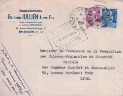 HAUTES ALPES - BRIANCON - AMULANT BRIANCON A LYON LE 17-8-54 - LETTRE ENTETE G. JULLIEN ILLUSTREE AU VERSO. - Poste Ferroviaire