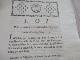 REVOLUTION Loi Relative à La Fabrication Des Assignats 09/1/1791autographes Manque Et Tâches - Gesetze & Erlasse