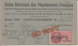 Fixe Carte Membre Union Nationale Pharmaciens Français 1948 Pharmacie Tmbre Fiscal - Cartes De Membre