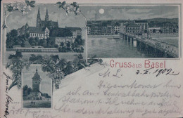 Gruss Aus Basel Au Clair De Lune, Litho 3 Vues (2.2.1902) - Bâle