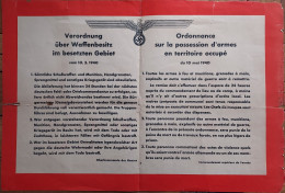 ORIGINAL RARE  ORDONNANCE SUR LA POSSESSION D'ARMES EN TERRITOIRE OCCUPE DU 10 MAI 1940 Format 60 X 40 CM - 1939-45