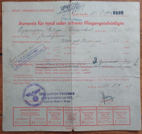 AUSWEIS FÜT TOTAL ODER SCHWER FLIEGERGESCHÄDIGTE 08/1944  SOLDAT EYERMANN PHILIPPE Format 21 X 20 CM - 1939-45