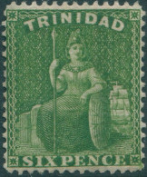 Trinidad 1876 SG77 6d Yellow-green Britannia Wmk Cc P14 MLH - Trinidad & Tobago (1962-...)