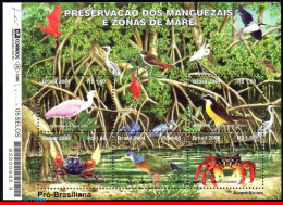 Ref. BR-2926 BRAZIL 2004 - PRESERVATION OF MANGROVE, SWAMPS, BIRDS, CRAB, MI# B127, Sc# 2926, 5V, S/S MNH - Schalentiere