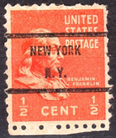 USA Precancels New York 1938 Sc803 ½c Franklin. NEW YORK / N.Y. 2 Lines - Prematasellado