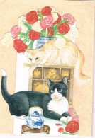 2 Chats - Cats -katzen -gatto - Poezen En Bloemen- Carte Découpé - Chats