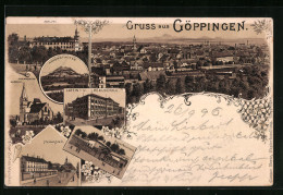 Lithographie Göppingen, Schloss, Latein- U. Realschule, Heilanstalt  - Goeppingen
