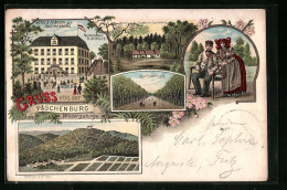 Lithographie Rinteln /Wesergebirge, Hotel-Pension Zur Paschenburg, Gartenpartie, Trachtenpaar  - Rinteln