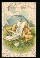 AK Osterküken Mit Buch, Fröhliche Ostern  - Pâques