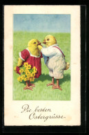 AK Osterküken Mit Blumen Wünschen Ein Frohes Fest  - Pâques