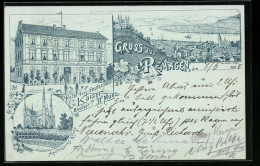 Lithographie Remagen, Hotel Zum Deutschen Kaiser, Apollinarius-Kirche, Teilansicht  - Remagen