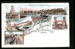 Lithographie Holtenau, Kieler Ausstellung 1896, Nord-Ostsee Kanal, Kanalmündung, Facade Der Hochbrücke, Schleuse  - Exhibitions