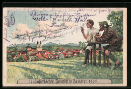 Künstler-AK Kempten, 12. Bayerisches Tunfest 1905, Zwei Männer Trinken Bier, PP15C76 /01, Ganzsache Bayern  - Autres & Non Classés