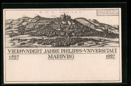 Künstler-AK Marburg, Vierhundert Jahre Philipps-Universität 1527-1927, Teilansicht, PP101C5 /01, Ganzsache  - Postcards