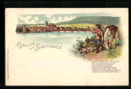 Lithographie Säckingen, Trompeter Mit Pferd Blickt über Den Rhein Zum Ort, Behüt Dich Gott!  - Autres & Non Classés