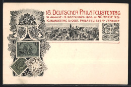 AK Nürnberg, Philatelistentag 1906, Teilansicht, Briefmarken, Wappen, Ganzsache Bayern  - Sellos (representaciones)