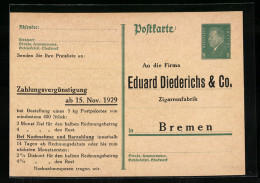 AK Bremen, Zigarrenfabrik Eduard Diederichs & Co., Zahlungsvergünstigung, Ganzsache  - Postcards