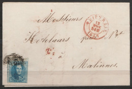 L. Datée 1857 De Quiévrain Affr. N°7 Haut De Feuille P100 Càd "QUIEVRAIN/13 NOV 1857" Pour MALINES - 1851-1857 Medaillons (6/8)