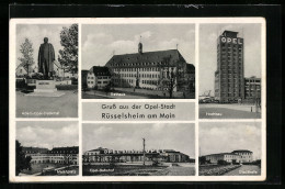 AK Rüsselsheim, Opel Hochhaus, Adam-Opel Denkmal, Opel-Bahnhof, Marktplatz, Stadthalle, Rathaus  - Voitures De Tourisme