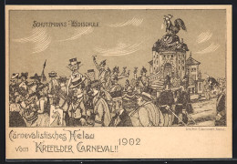 Lithographie Krefeld, Carneval 1902, Schutzmanns-Höchschule, Festplatz Mit Besuchern, Kleine Burg Mit Krähendem Hahn  - Carnevale