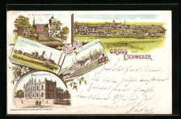 Lithographie Eschweiler, Gasthof Schützenhalle, Eisenhütte Phoenix, St. Antonius-Hospital  - Eschweiler